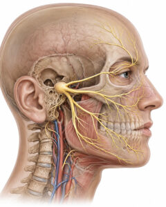Trigeminal sinir ganglionu ve V1 (oftalmik), V2 (maksiller), V3 (mandibular) dallarının yandan görünümü – trigeminal sinir bloğu anatomisi
